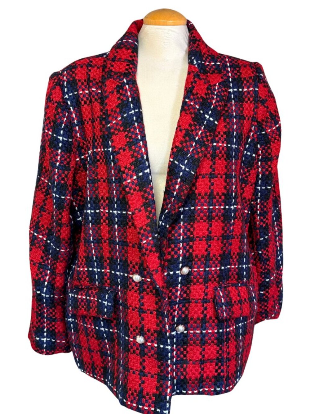 Autres Filles Women's Red & Navy Plaid Double-Breasted Blazer Jacket